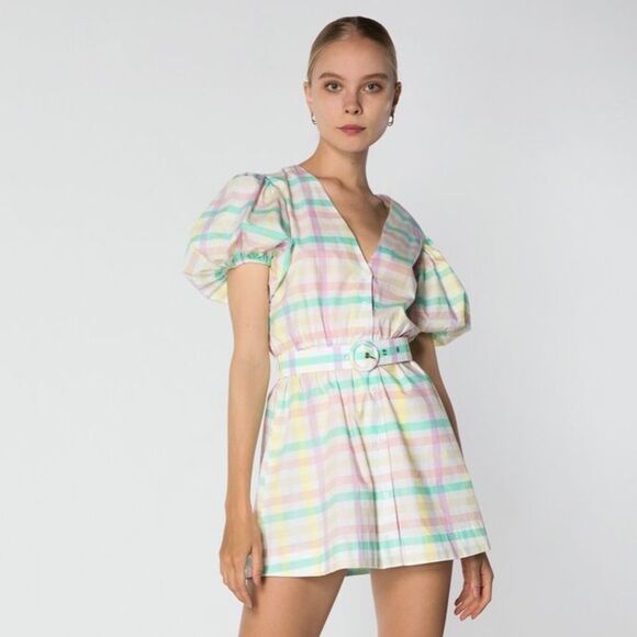 NWT S/W/F Pastel Multicolor Gingham Mini Dress Sz S Puff Sleeve Belted Cotton - Picture 2 of 8